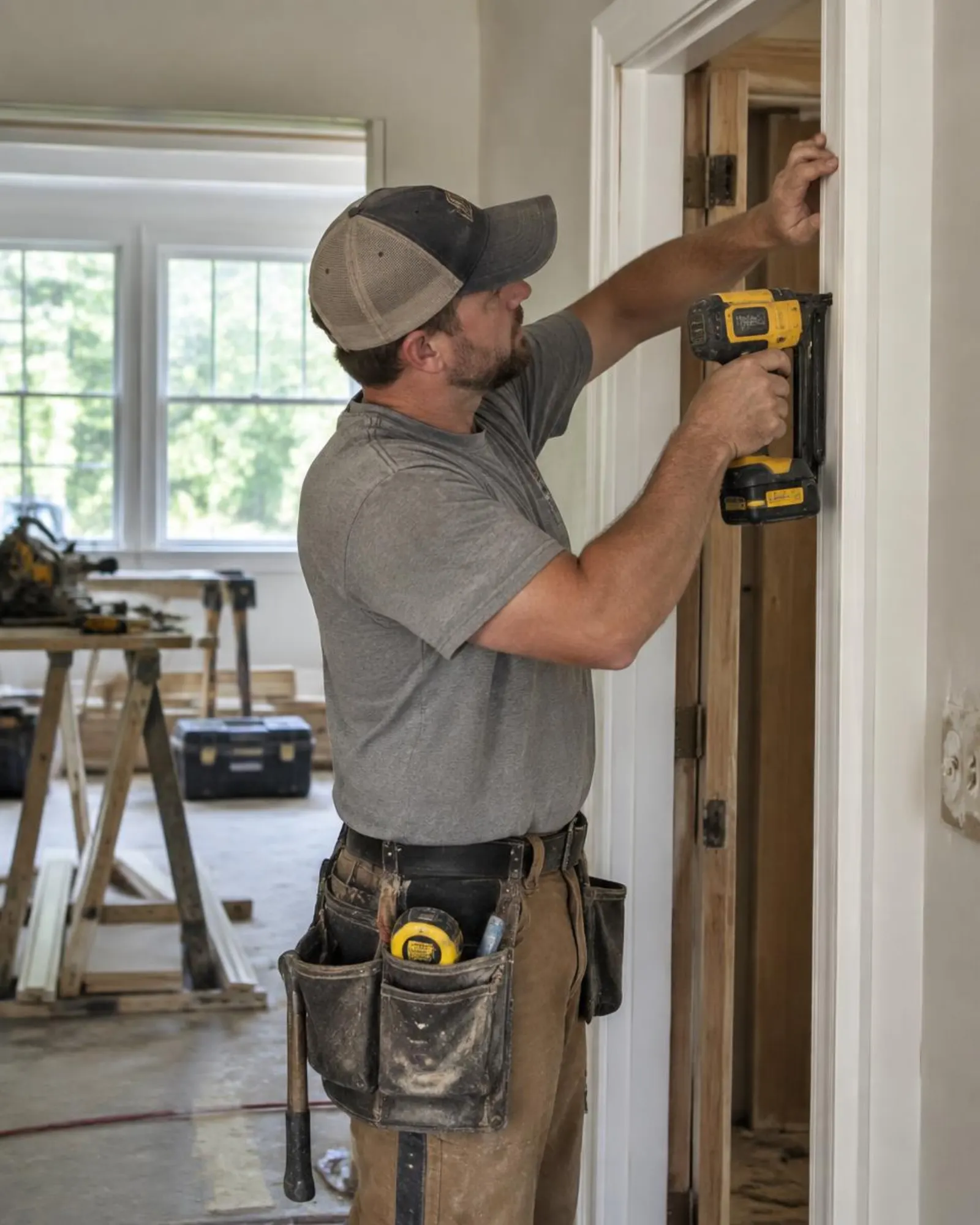 A Mike's Maintenance carpenter installing finish trim inside a home