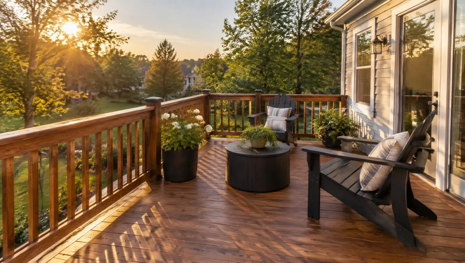 A newly built and stained wooden backyard deck