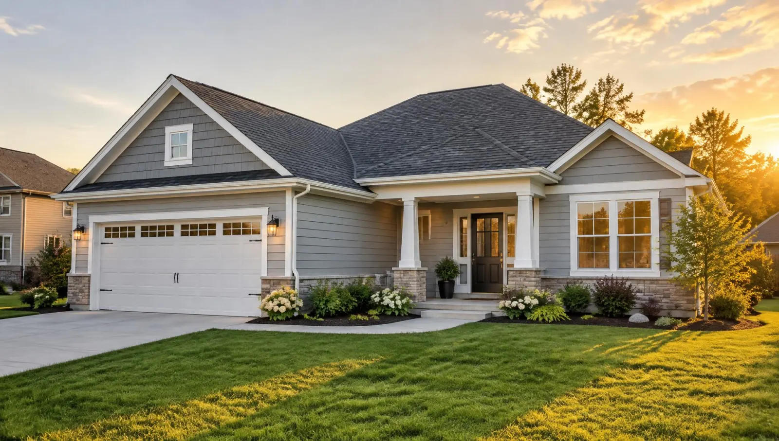 A home exterior with a new shingle roof and fresh siding at sunset