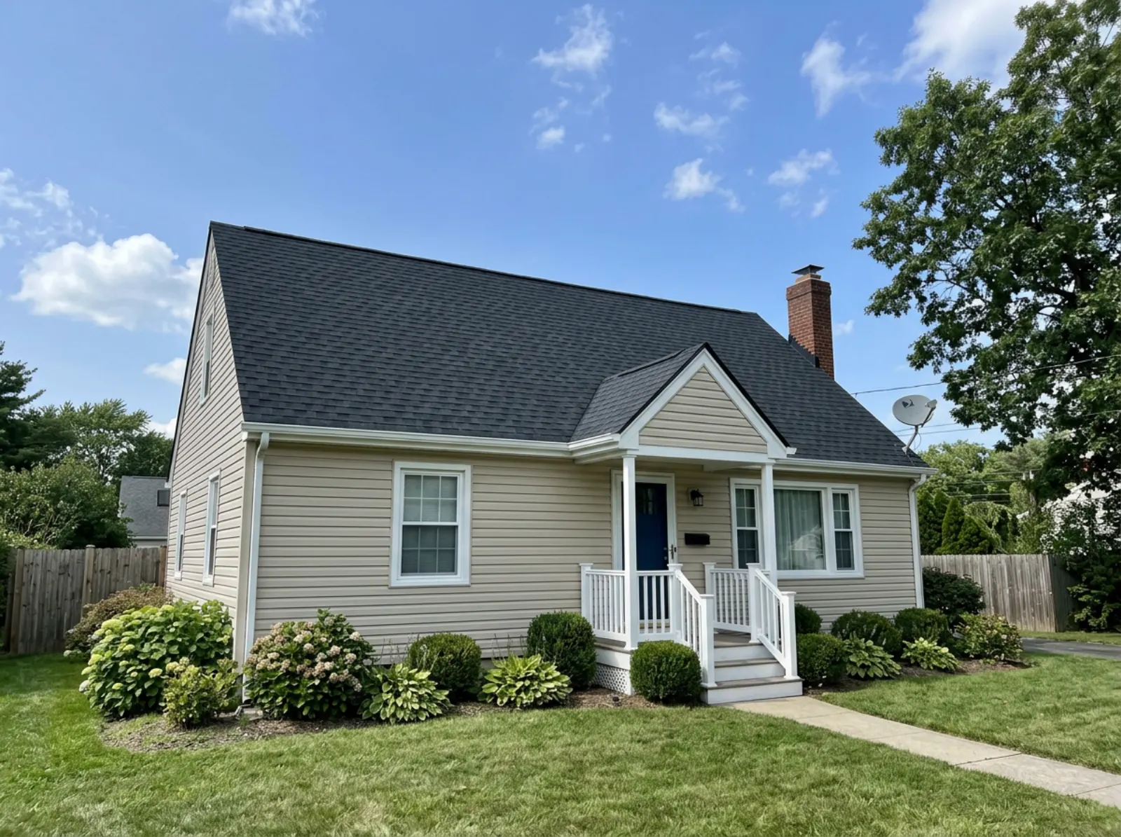 New shingle roof and siding on a completed home exterior